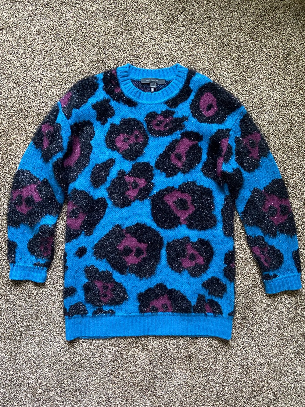 Marc Jacobs Wool/Cashmere Blue Cheetah Print Fluffy Sweater Designer – Size XS